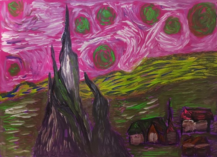 Pictura Pink Starry Night - Reinterpretare
