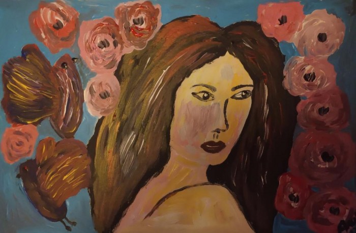 Pictura Fata Cu Trandafiri Si Pasari