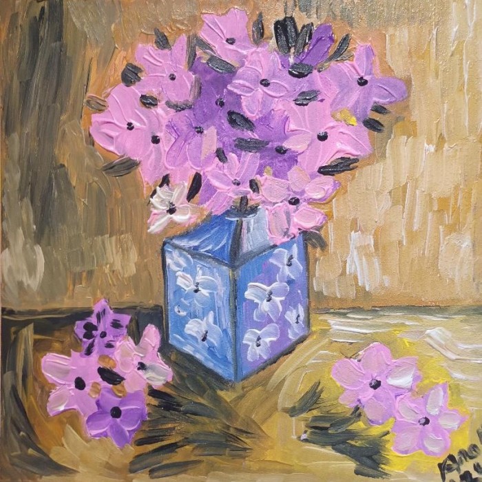 Pictura Vaza Albastra Cu Flori Roz