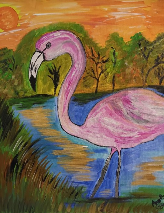 Pictura Peisaj Cu Flamingo