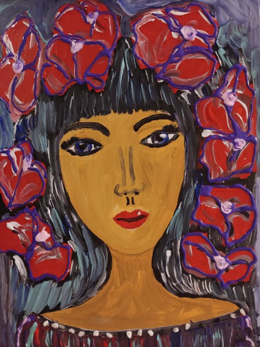 Pictura Portret Abstract Cu Flori 1