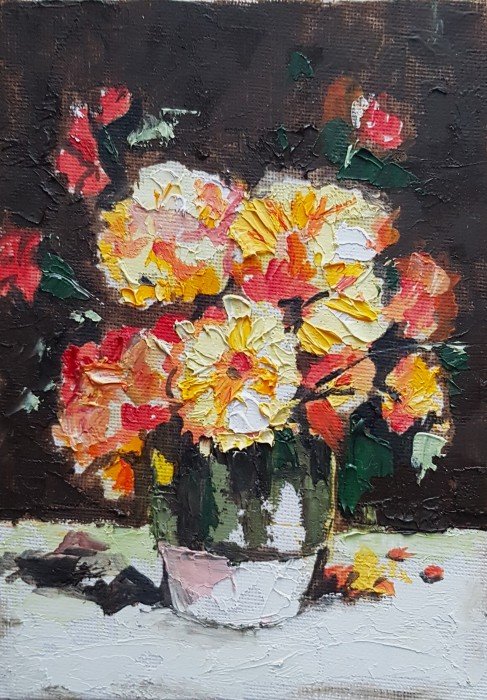 Pictura Natura Statica Cu Flori Galbene Si Roz