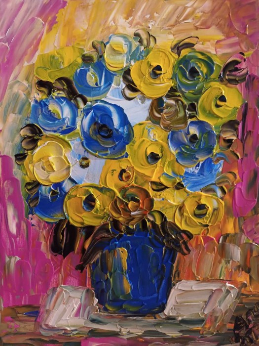 Pictura Vas Cu Trandafiri Galbeni Si Albastri