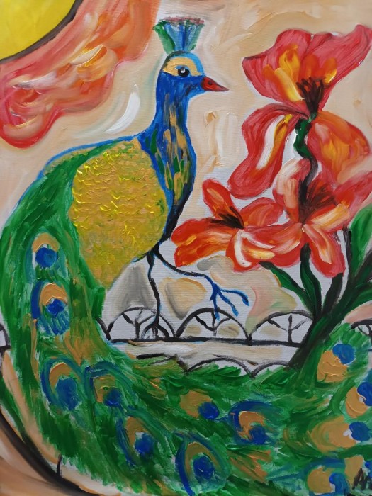 Pictura Peisaj Cu Un Paun