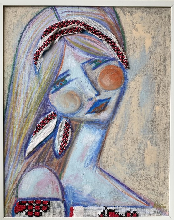 Pictura Portret Ulei Și Broderie Folk Cusută Manual