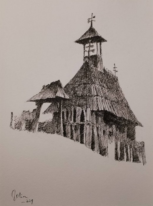 Pictura Biserica De Lemn,Tus Hartie