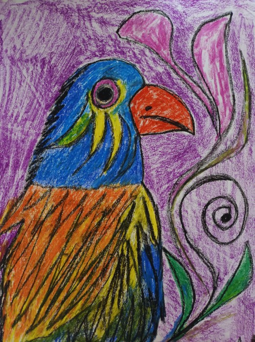 Pictura Oil Pastel - Pasare Colorata