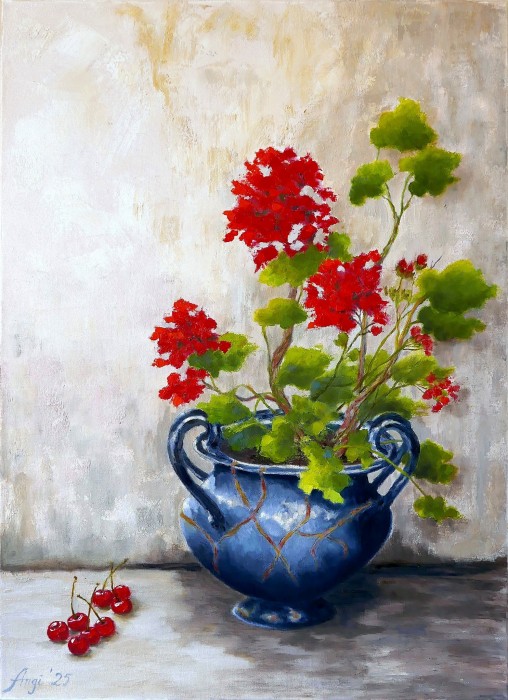 Pictura Geranium În Vas Albastru