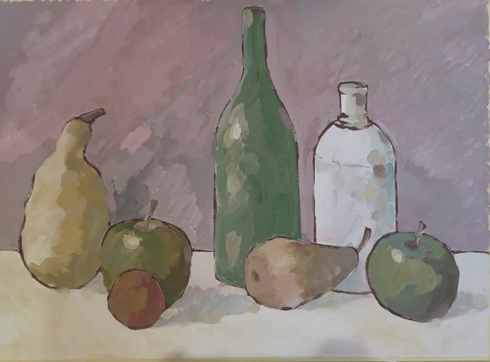 Pictura Natura Statica Cu Sticle Si Fructe