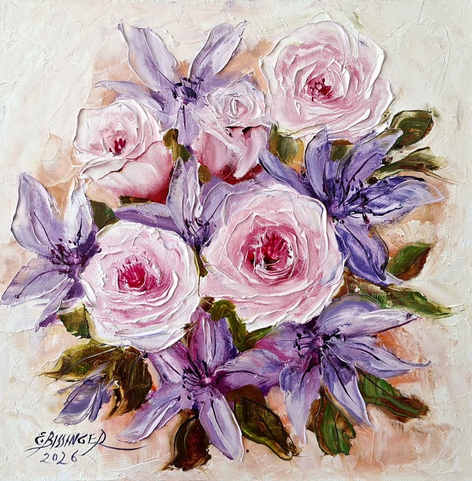 Pictura Clematis Si Trandafiri Roz