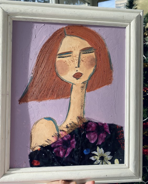 Pictura Lila- Ulei Şi Textil Upcycled , Ramǎ Vintage