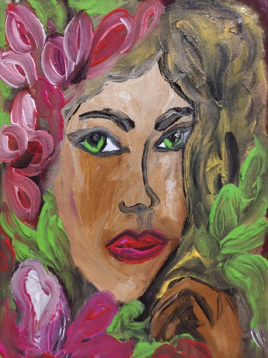 Pictura Portret Cu Flori Roz