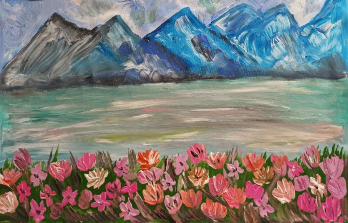 Pictura Peisaj De Munte Cu Flori